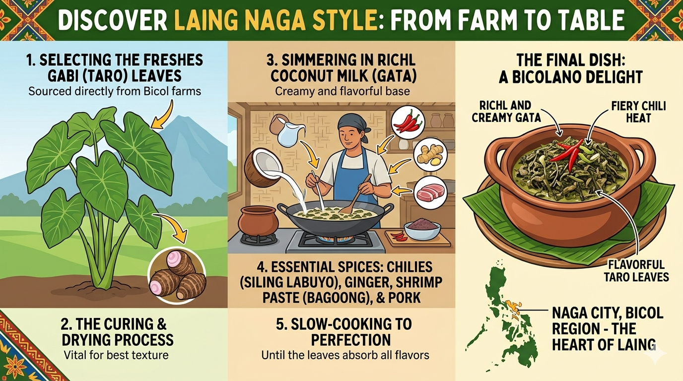 Illustration showing taro leaves, coconut milk, chili, and optional seafood in Laing