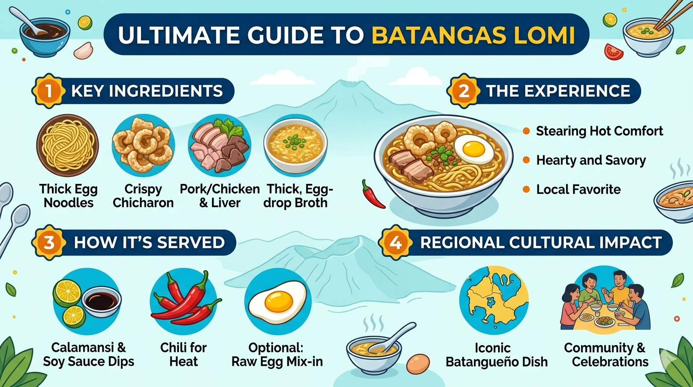 Diagram showing components of Lomi Batangas including noodles, broth, meat, vegetables, and common toppings