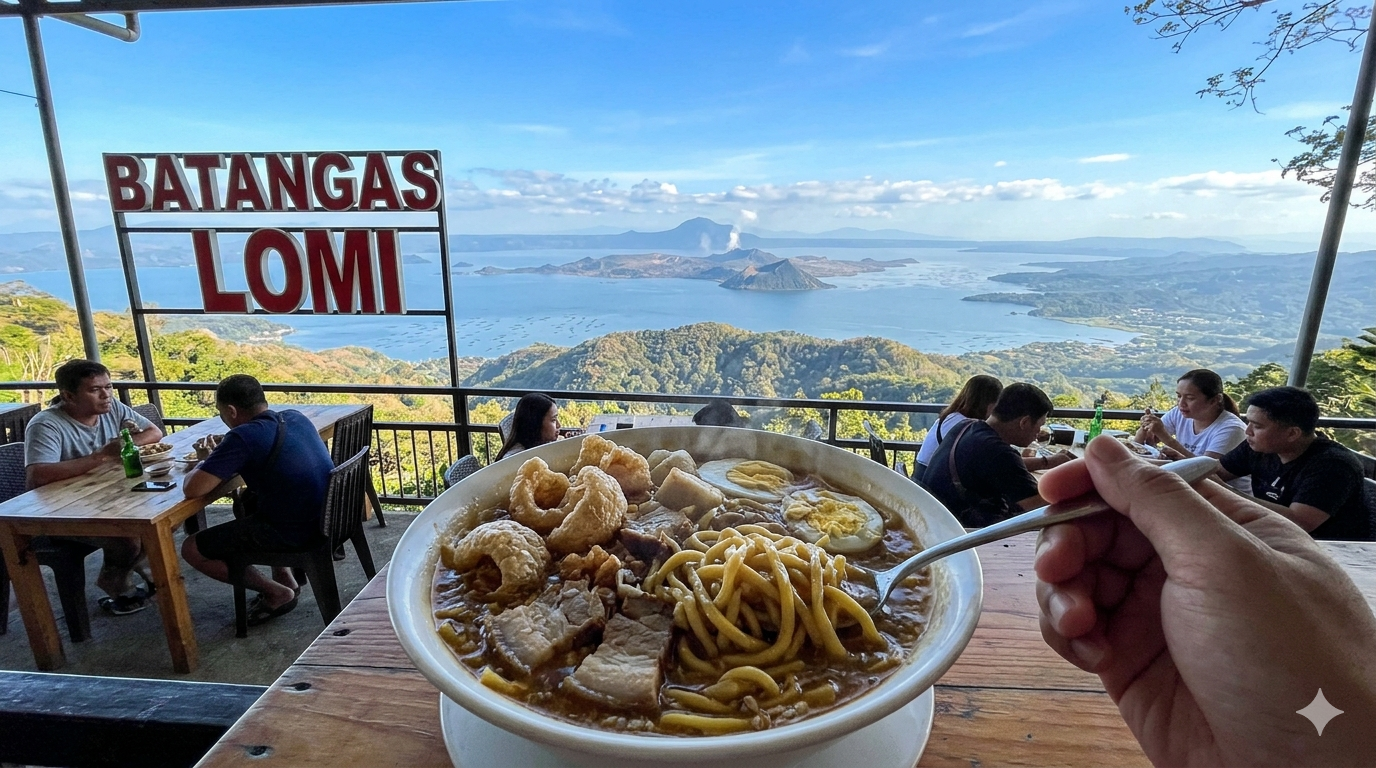 A bowl of thick noodle soup with egg noodles, sliced meat, vegetables, and toppings in a traditional setting