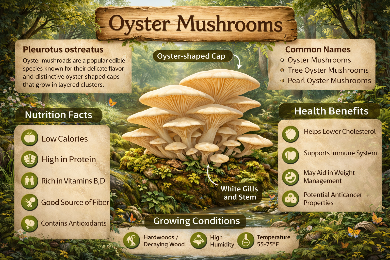 Infographic showing types and general characteristics of oyster mushrooms.