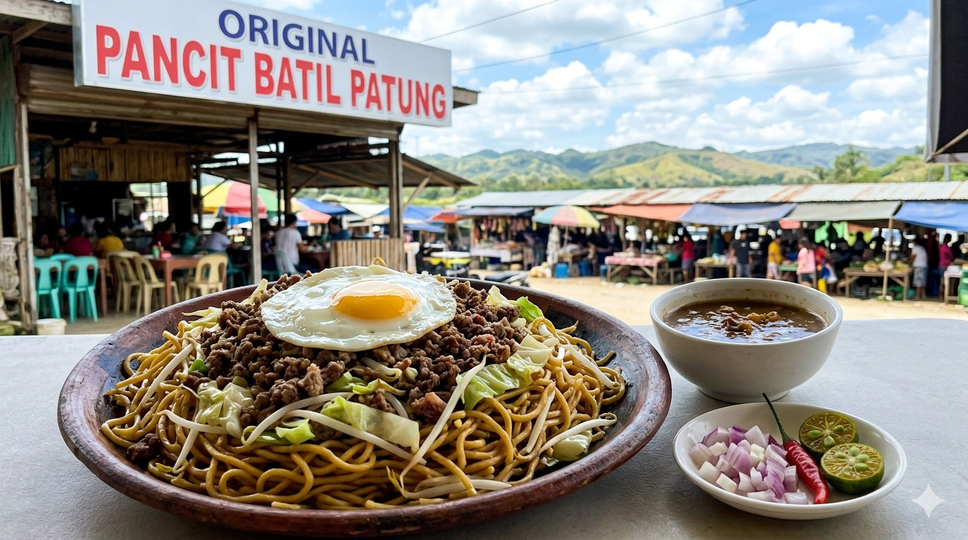 Plate of Pancit Batil Patung with noodles, egg topping, and meat