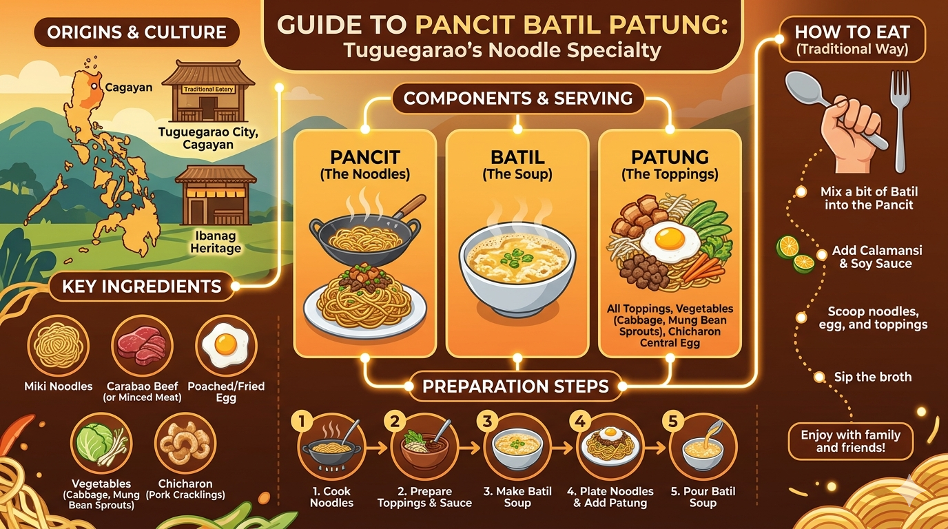 Illustration of Pancit Batil Patung components including noodles, egg, meat, and sauce