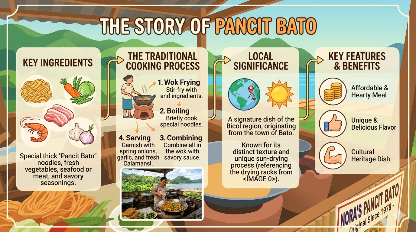 Infographic illustrating ingredients and preparation steps for Pancit Bato
