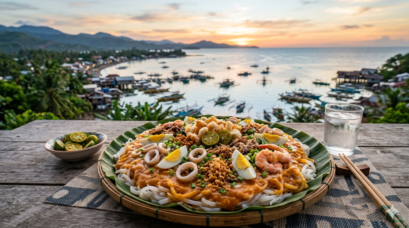 Plate of Pancit Malabon with rice noodles, shrimp, egg slices, and toppings arranged on a serving dish