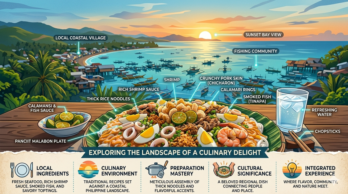 Infographic showing common ingredients and components of Pancit Malabon including noodles, seafood, and toppings