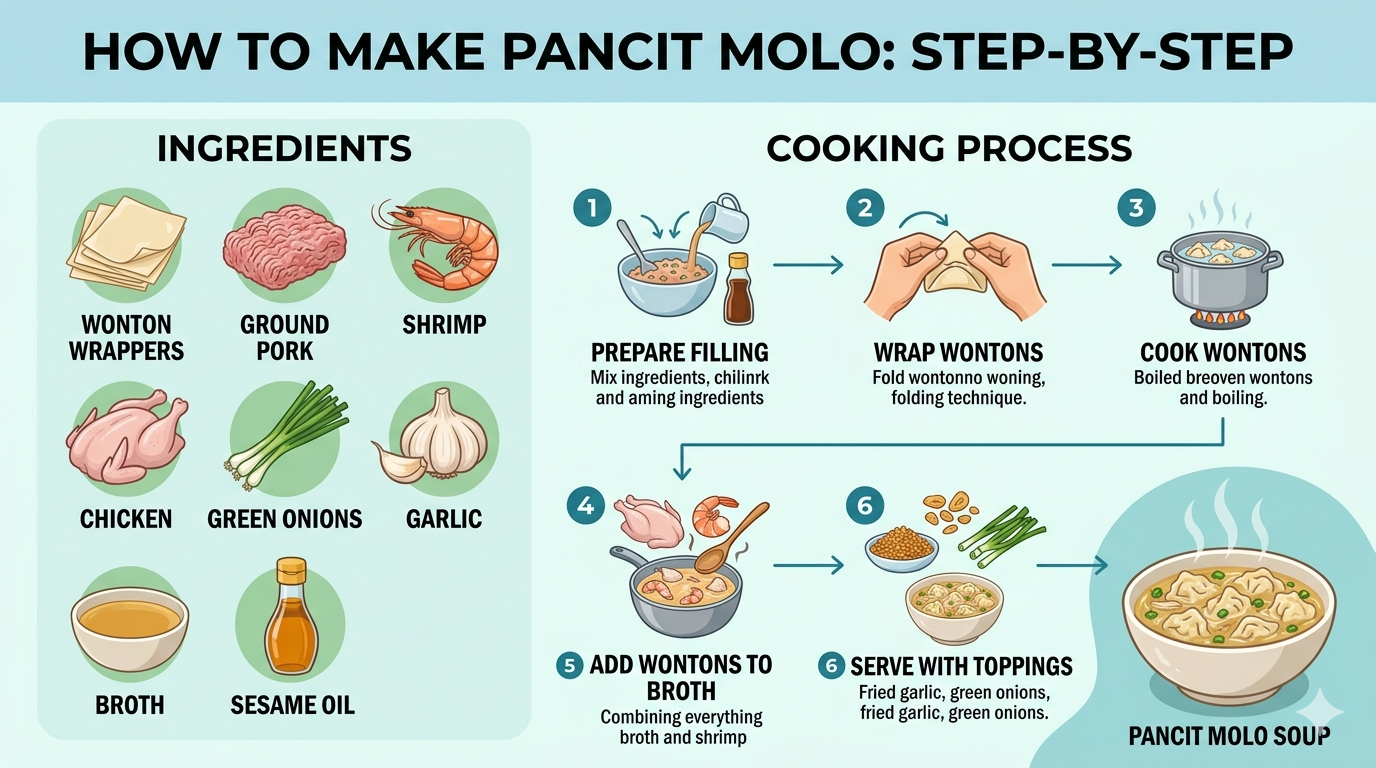 Illustration of Pancit Molo ingredients: wrappers, meat filling, and broth components.