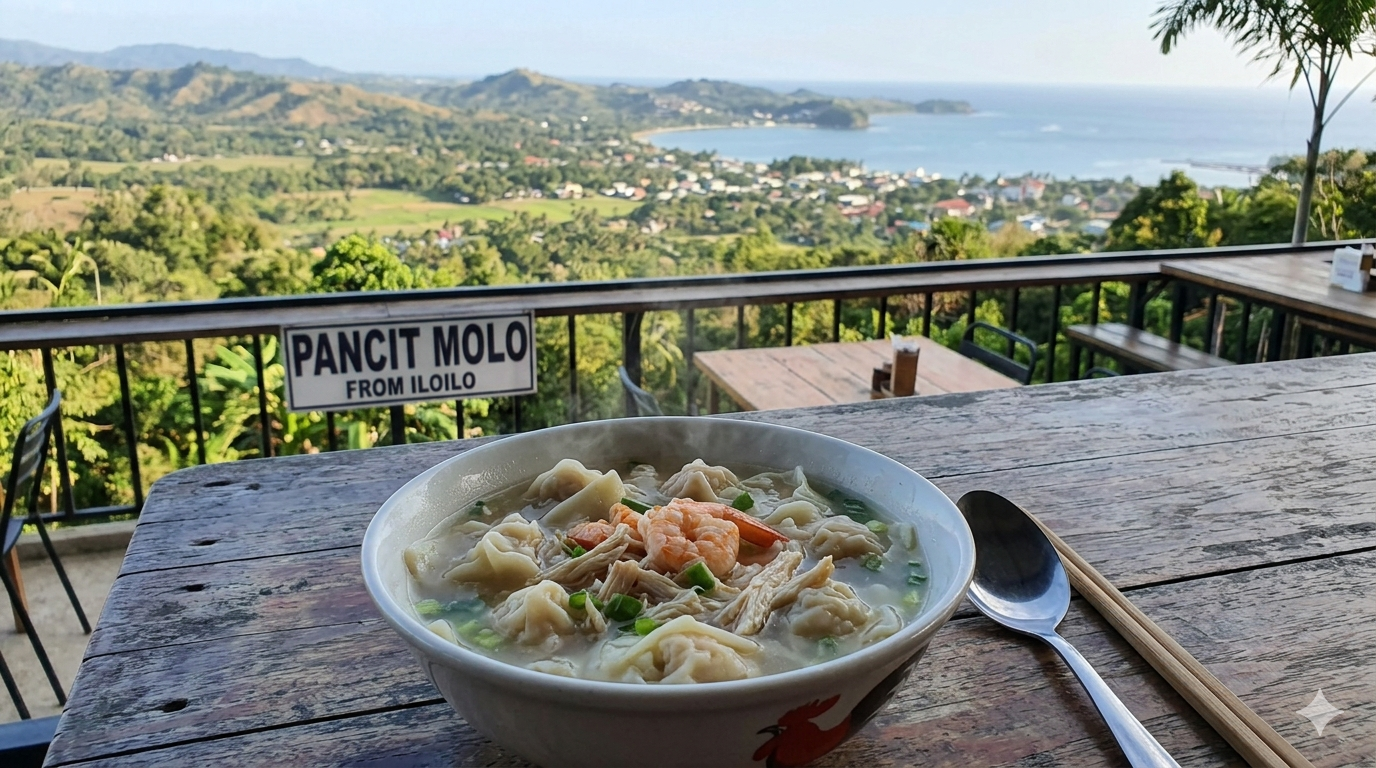 Overhead view of Pancit Molo with dumplings in clear broth and chopped vegetables.