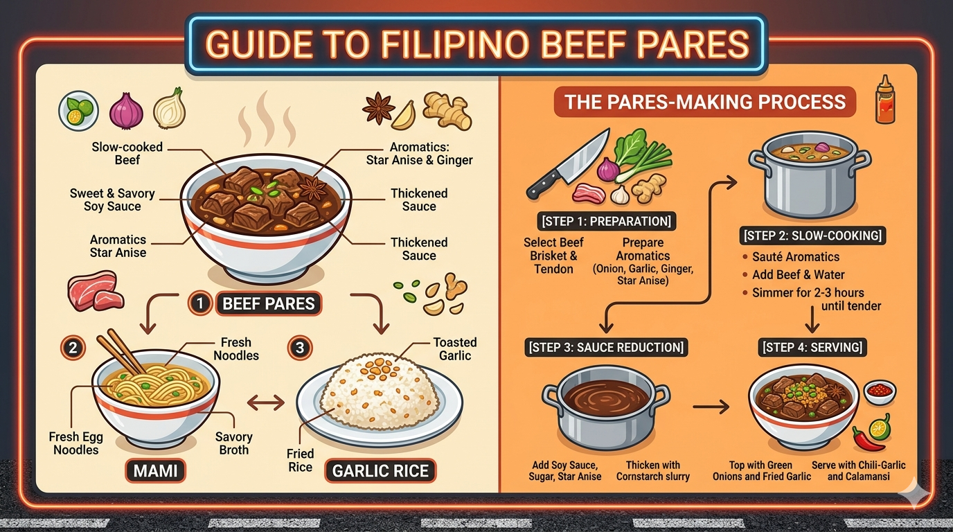 Infographic illustrating typical ingredients and preparation steps for Pares.