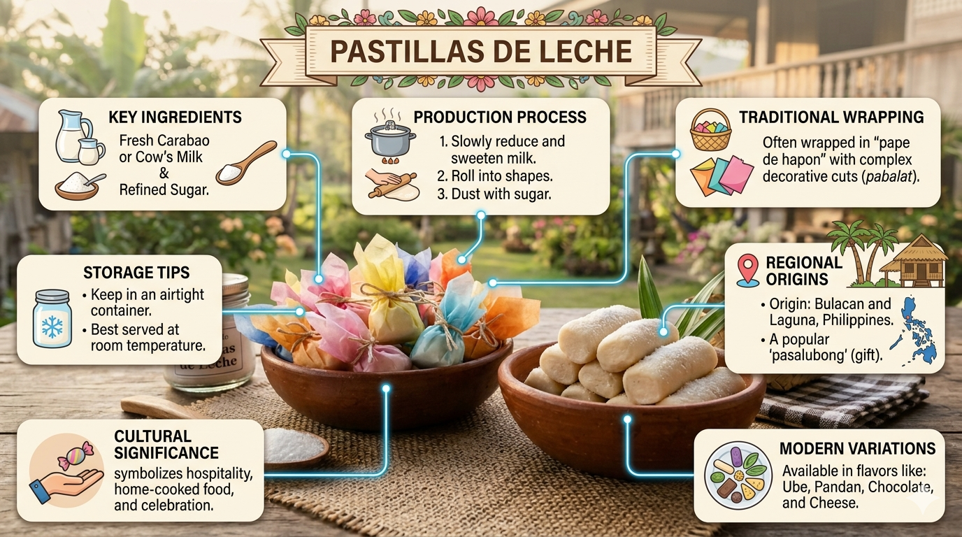 Infographic showing ingredients and preparation steps of pastillas de leche with labeled visuals