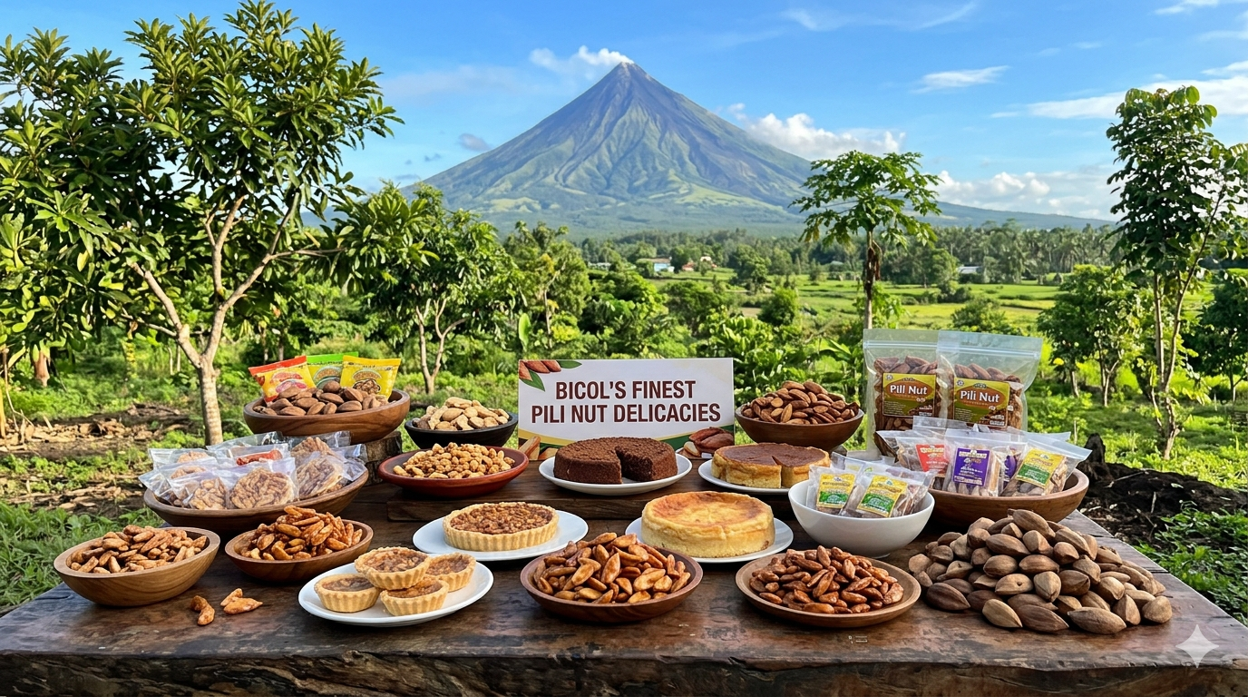 Close-up of assorted pili nut delicacies including candies and pastries