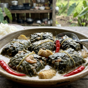Bicol Pinangat wrapped in leaves with coconut mixture presented on a traditional serving plate