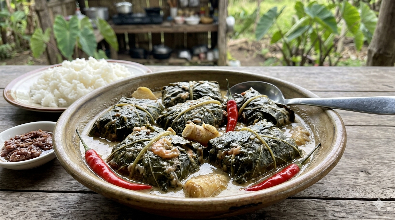 Cooked pinangat with leafy greens and coconut milk in a serving bowl