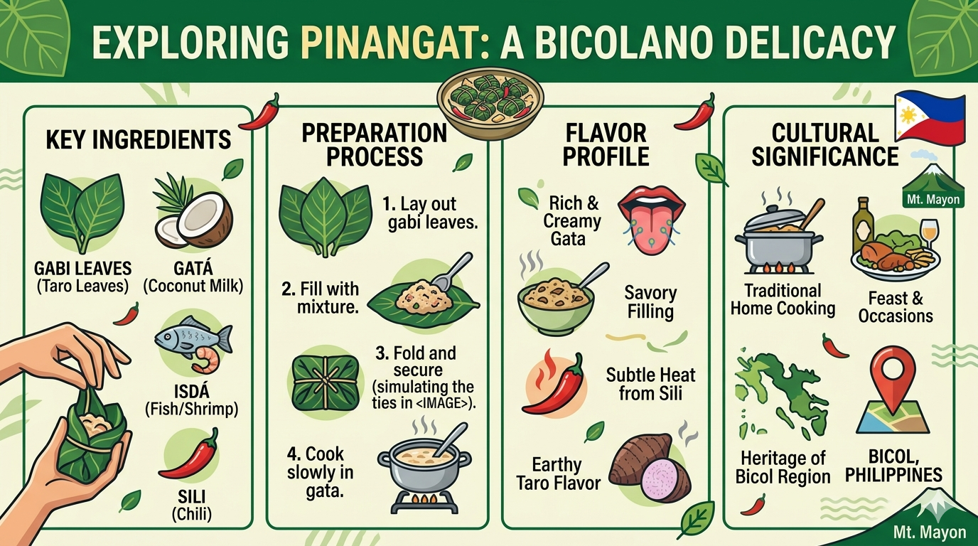 Diagram showing common pinangat ingredients including leafy greens, coconut milk, and seafood