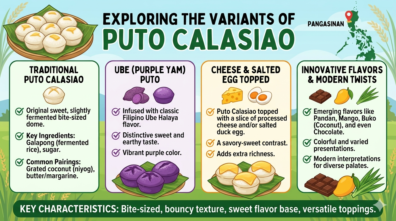 Visual chart showing ingredient differences and preparation methods of puto Calasiao-style rice cake variants