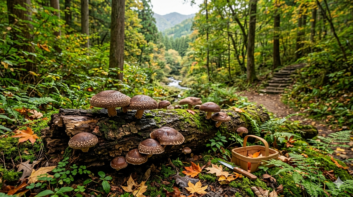 Shiitake mushrooms displayed on a neutral surface for educational purposes.