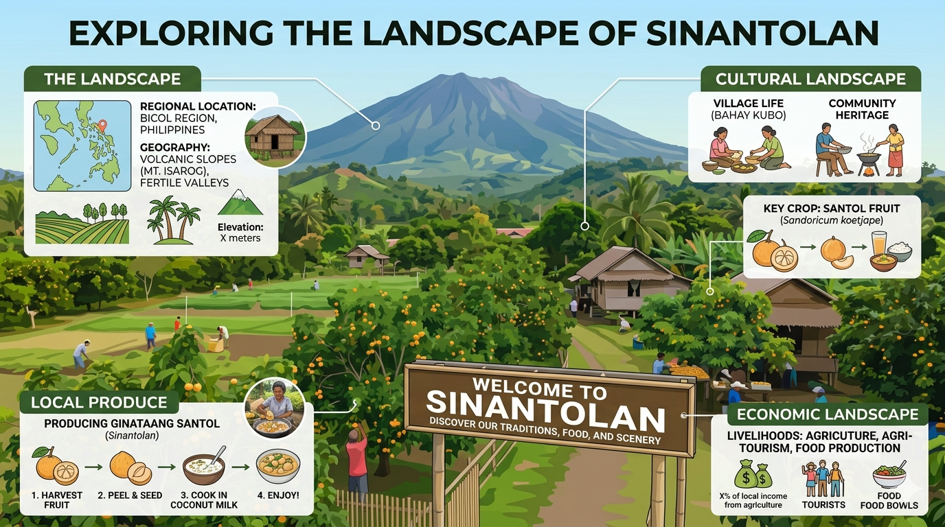 Infographic showing santol fruit, coconut milk, and protein ingredients in Sinantolan preparation