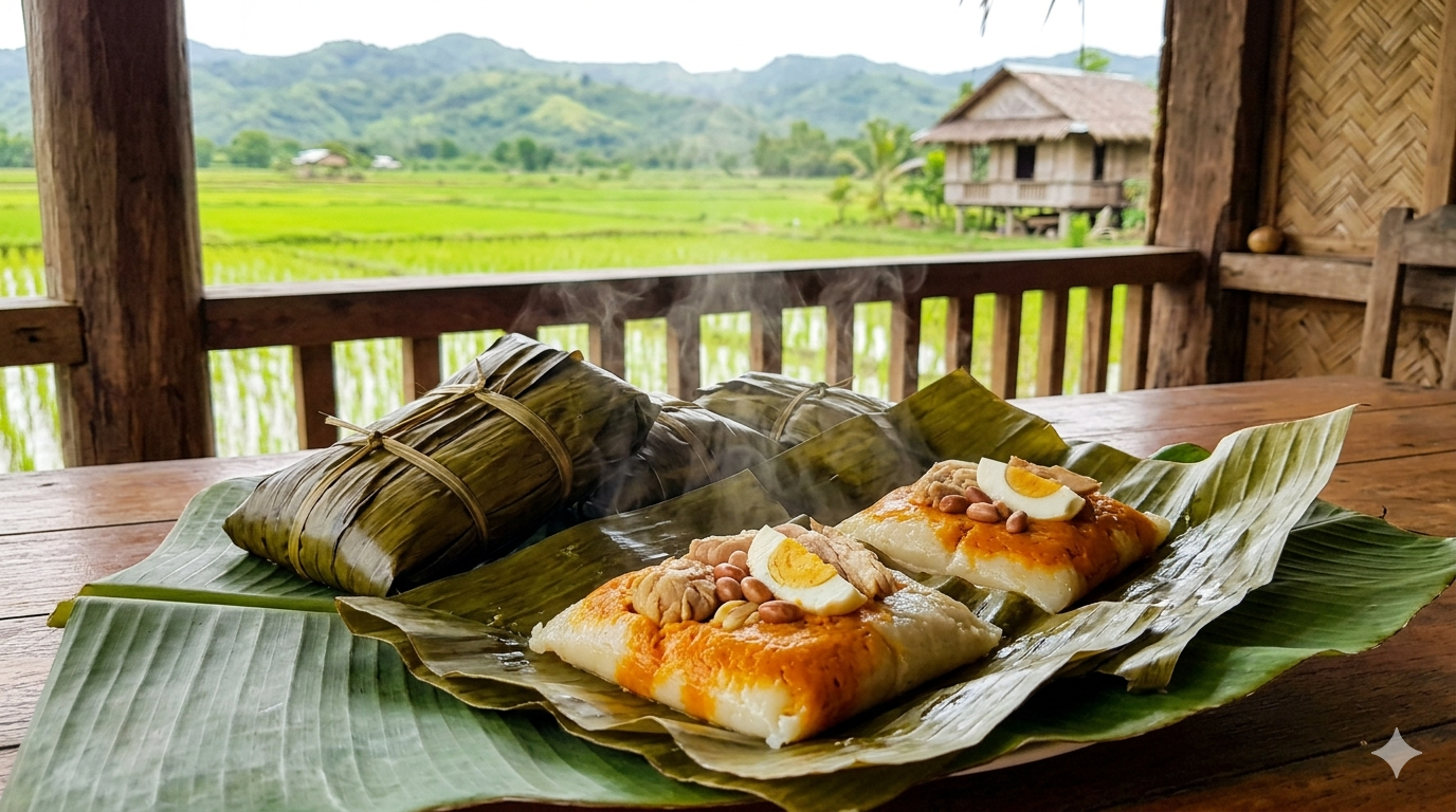 Tamales Kapampangan wrapped in banana leaves with visible rice mixture and savory filling