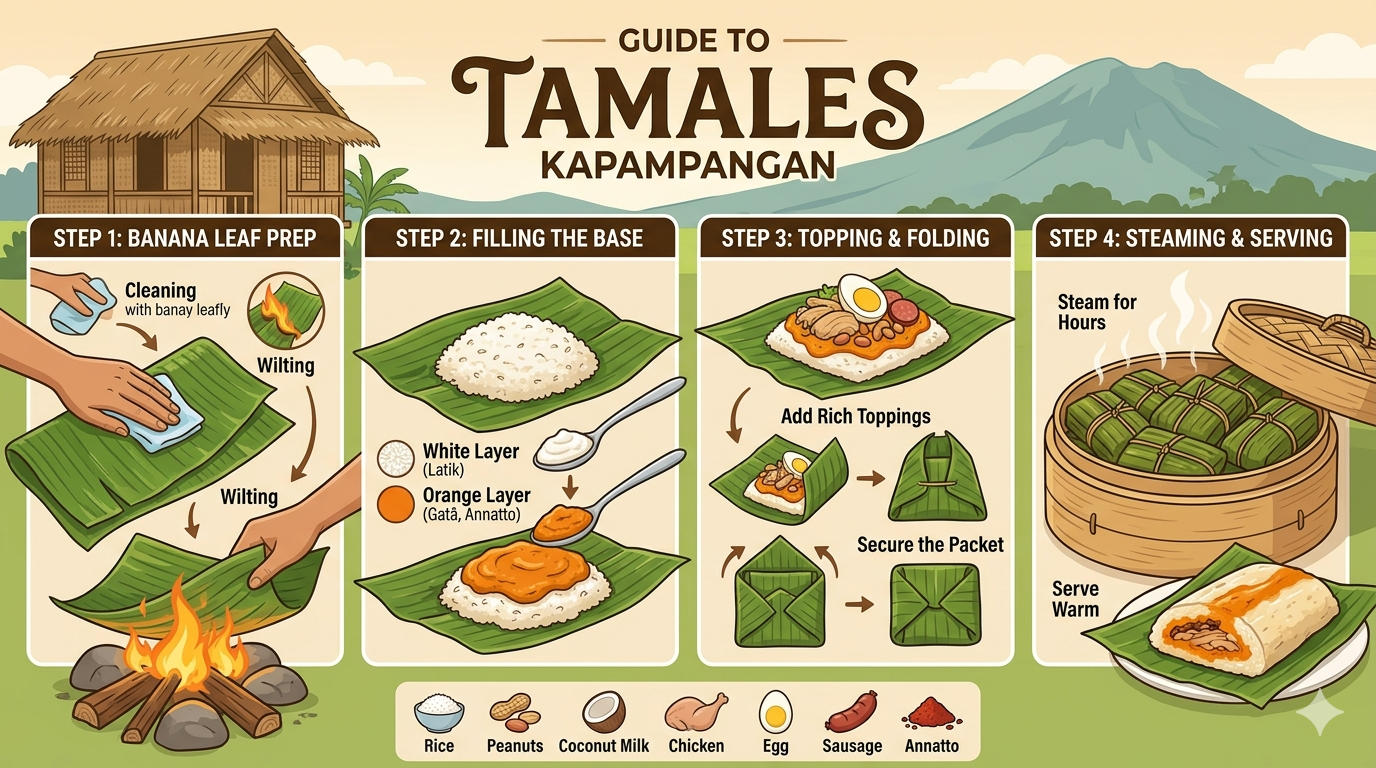 Infographic showing ingredients and preparation steps of Tamales Kapampangan including rice mixture, filling, and wrapping