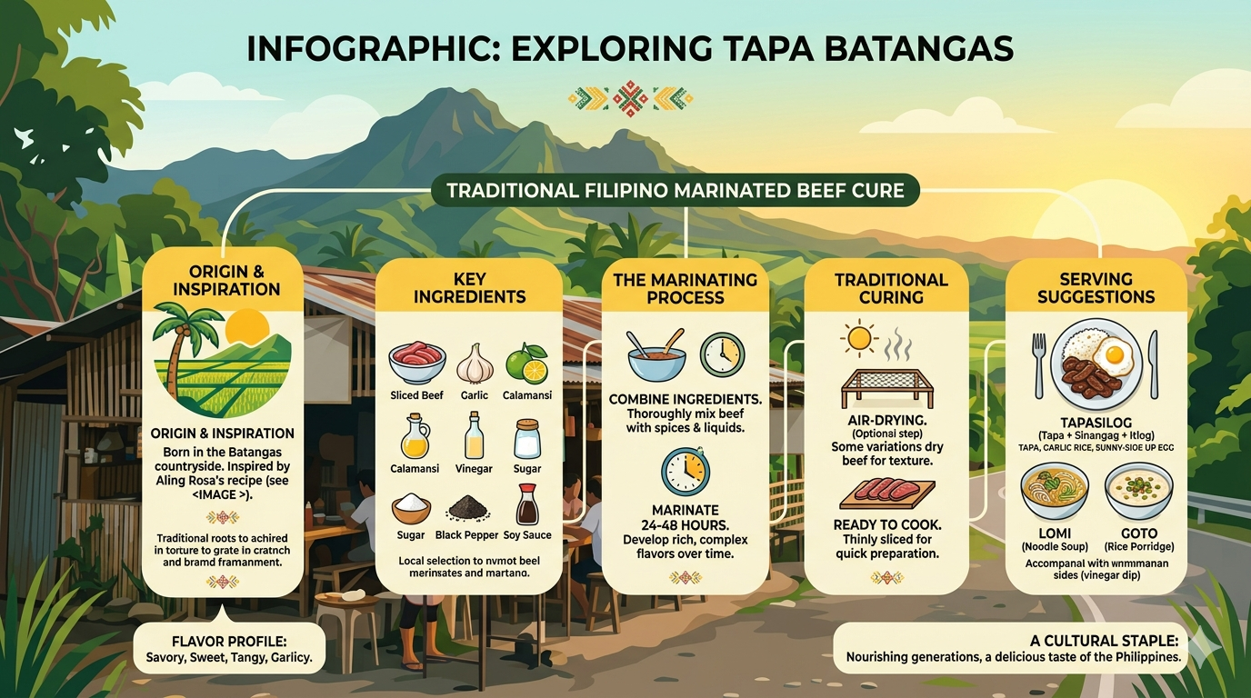 Diagram showing ingredients and steps in preparing Tapa Batangas, including slicing, curing, and frying