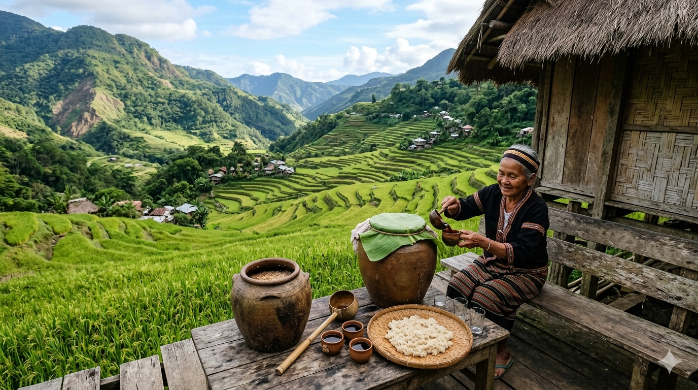 Glutinous rice placed in containers during fermentation for traditional tapey rice wine preparation