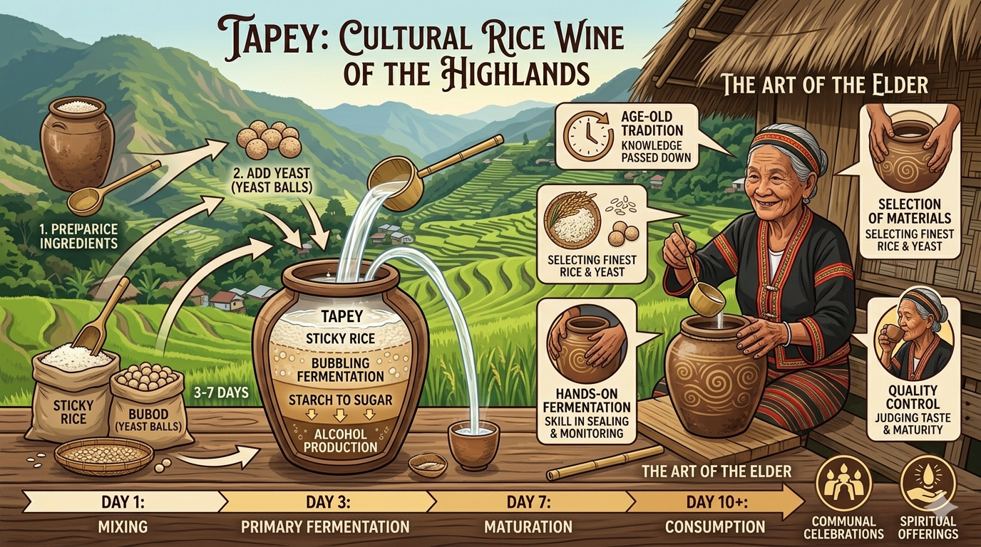 Illustration of tapey production showing rice preparation, starter culture addition, and fermentation stages