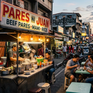 Pares Special meal with braised beef, rice, and broth served together on a table