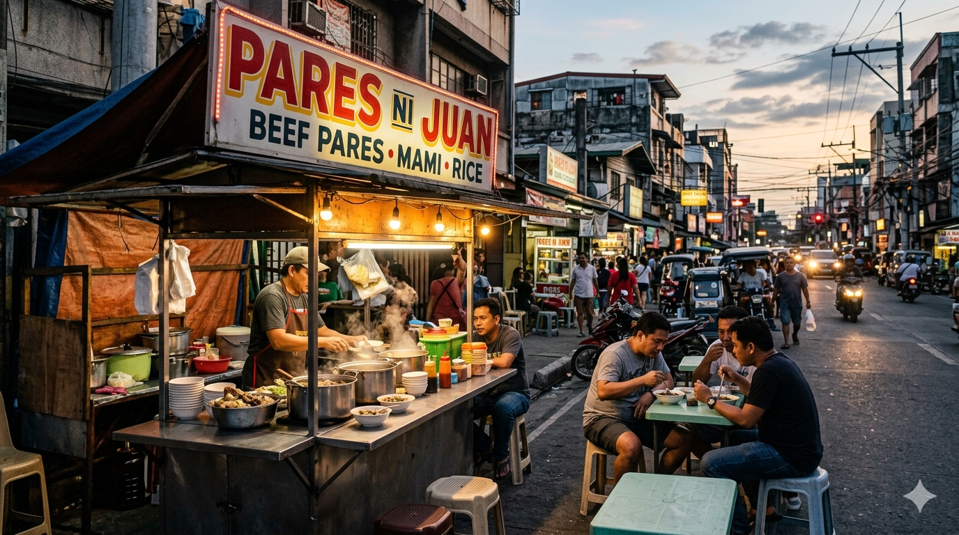 Plate of Pares with beef, sauce, and rice, photographed from above.