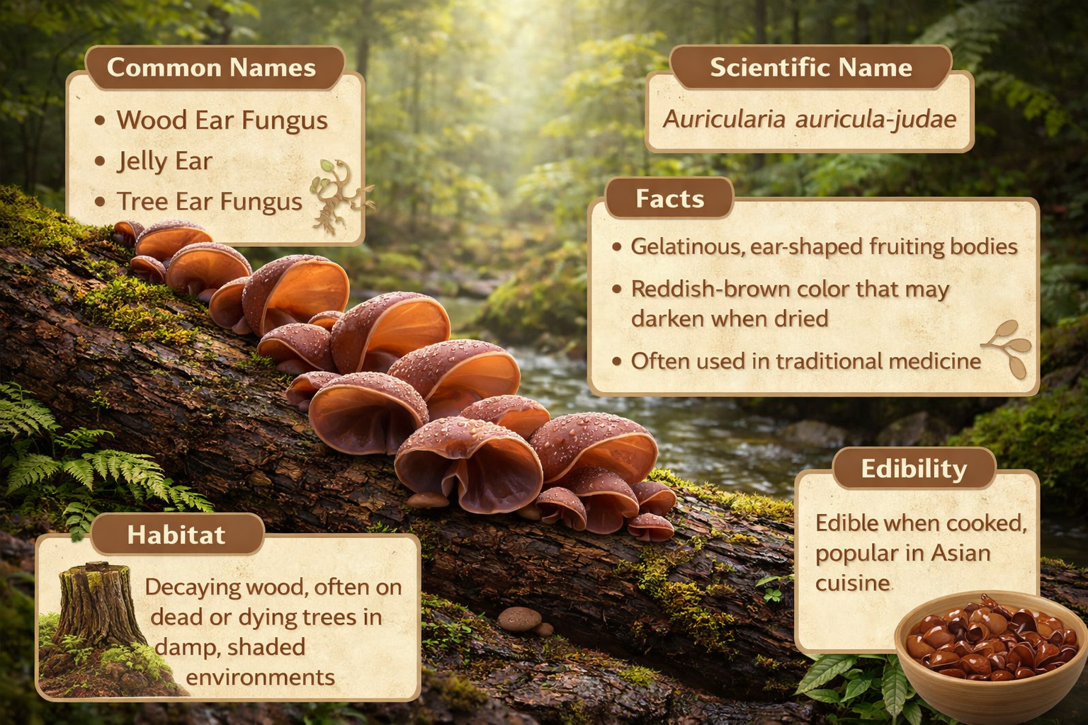 Infographic illustrating general features, appearance, and culinary context of Wood Ear (Black Fungus).