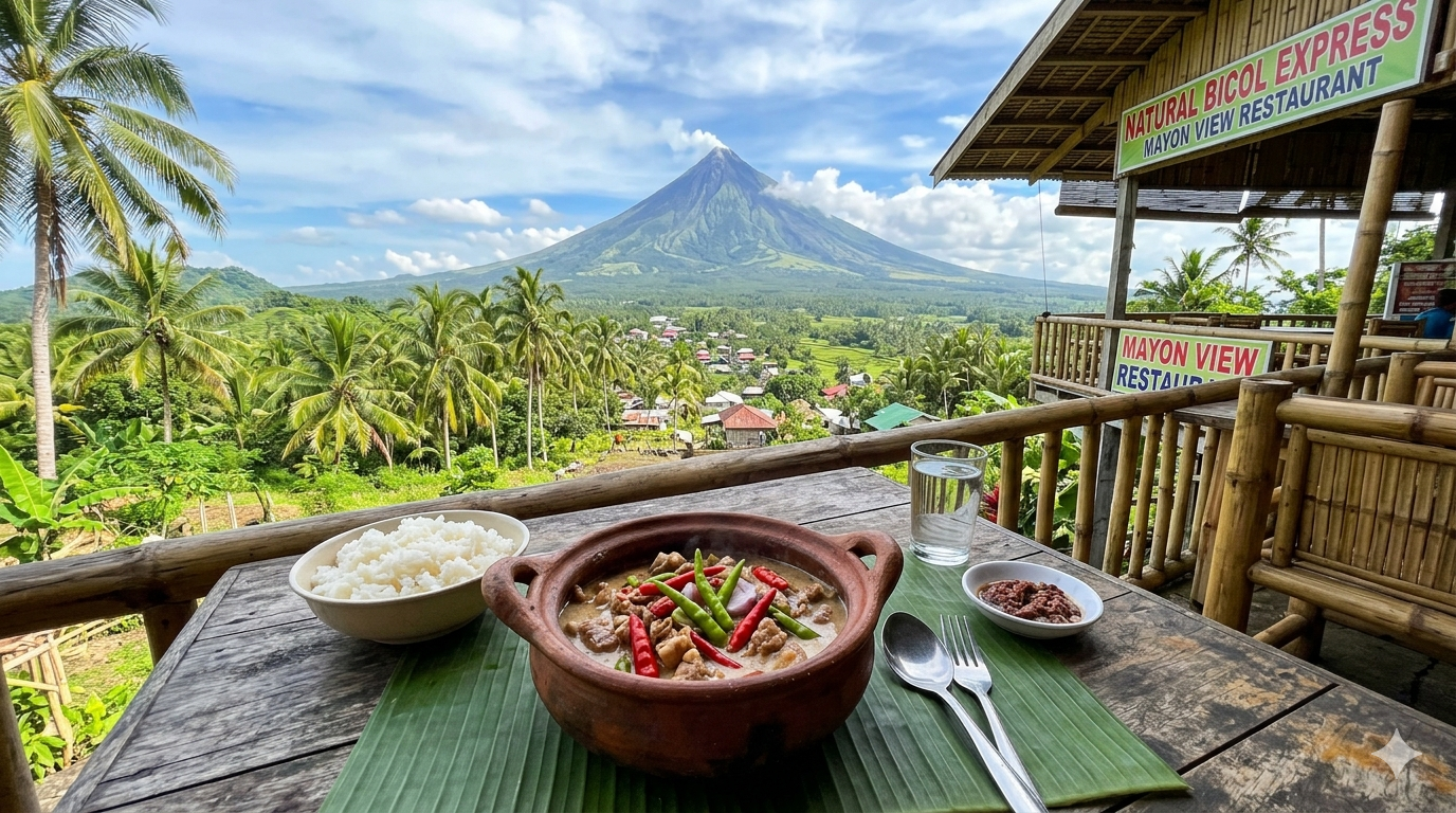 Top view of Bicol Express served in a bowl with visible pork, coconut sauce, and red chili slices.