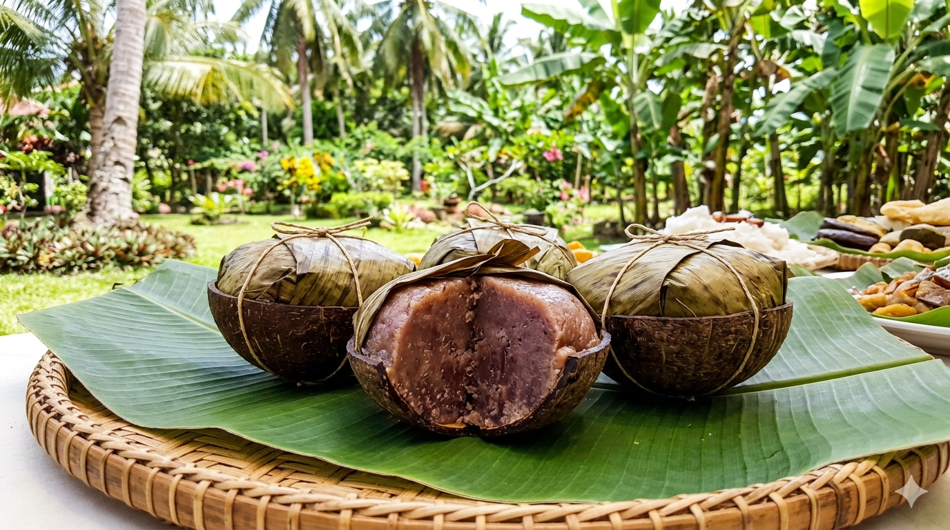 Close-up image of Binagol wrapped in coconut shell and banana leaf.