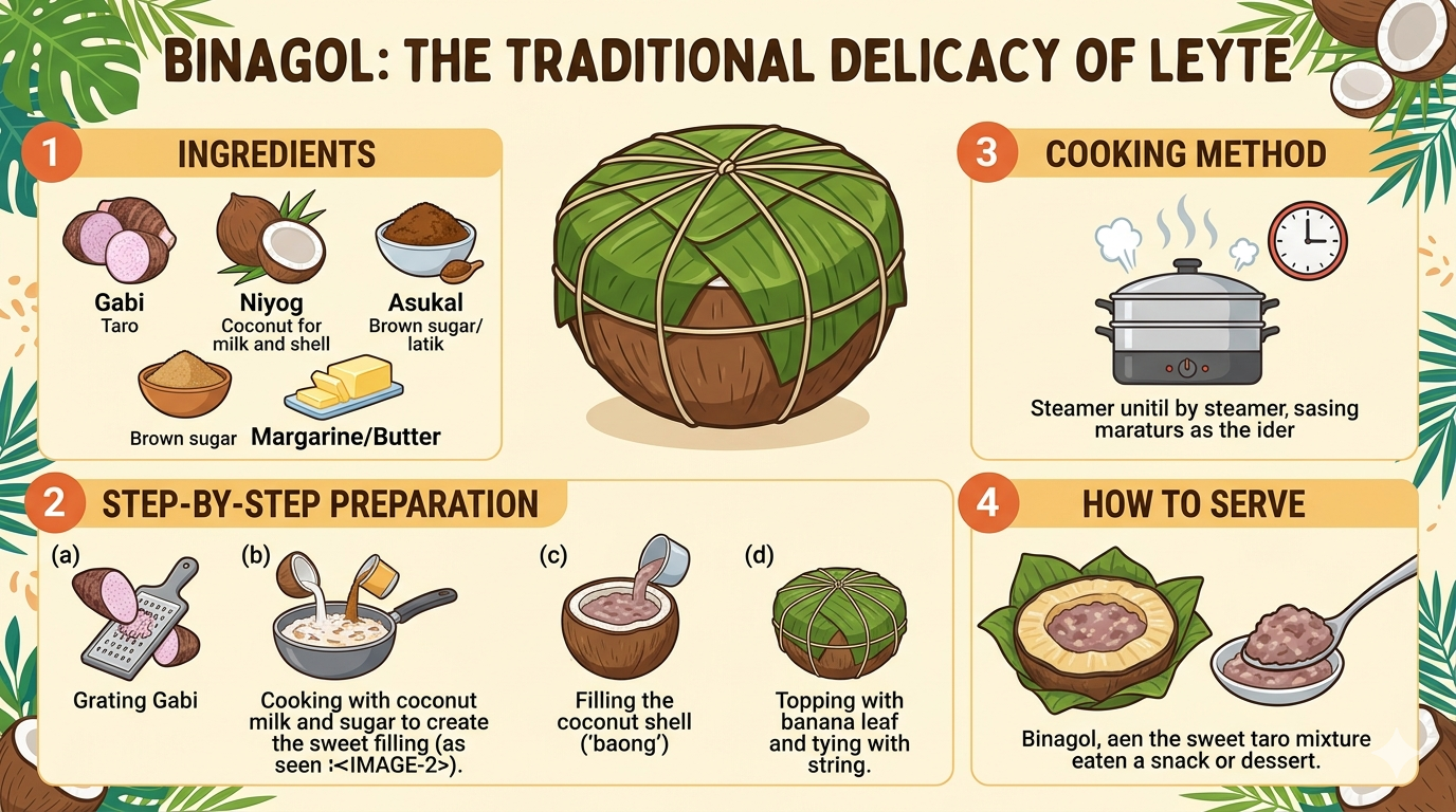 Illustrative infographic showing Binagol ingredients and steaming process.