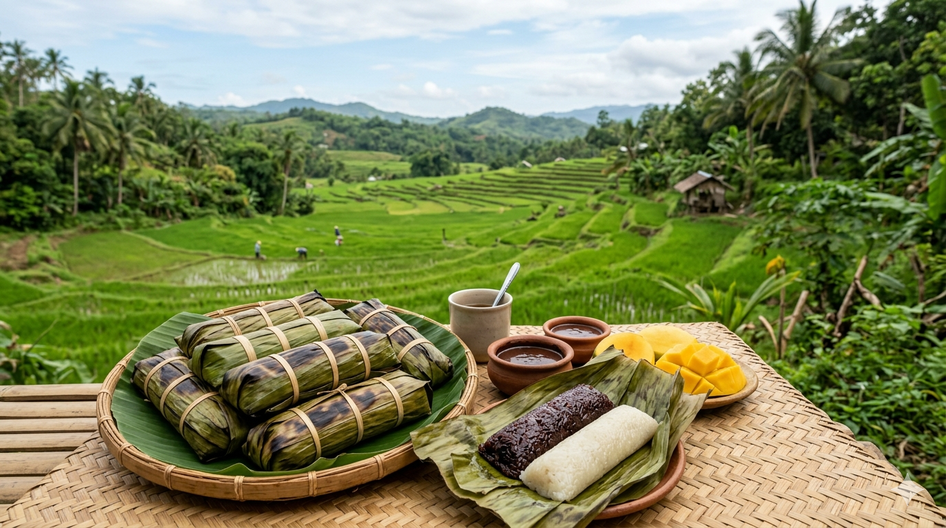 Traditional bodbod sticky rice arranged on banana leaves