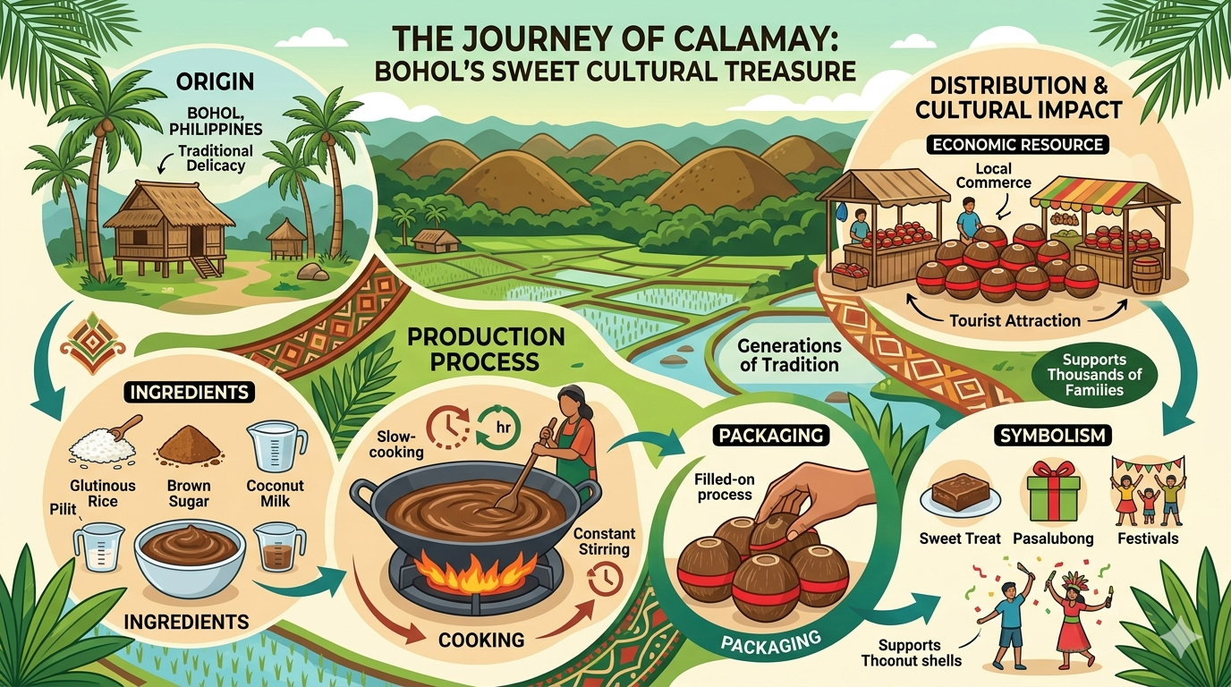 Step-by-step infographic of calamay preparation and ingredient components.