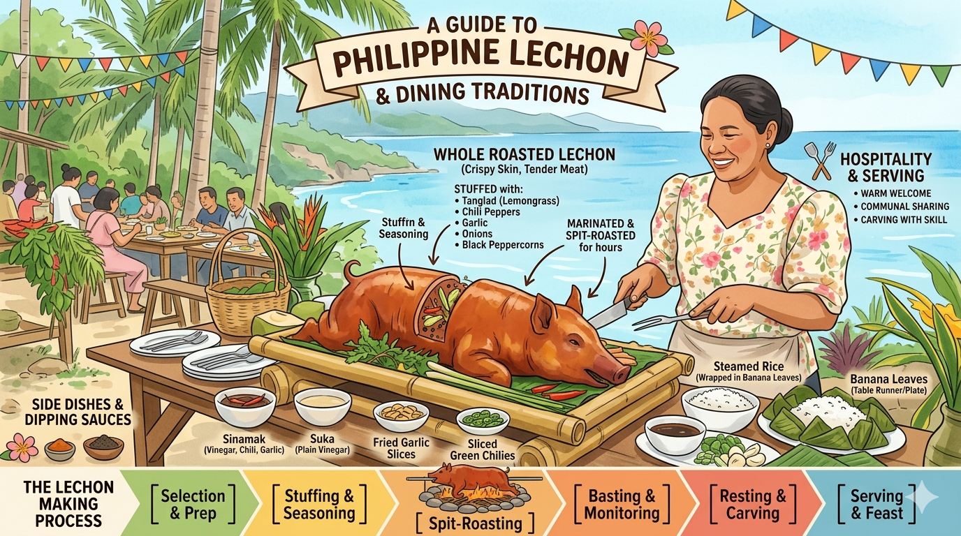 Visual infographic showing elements of Cebu-style roasted pig presentation.