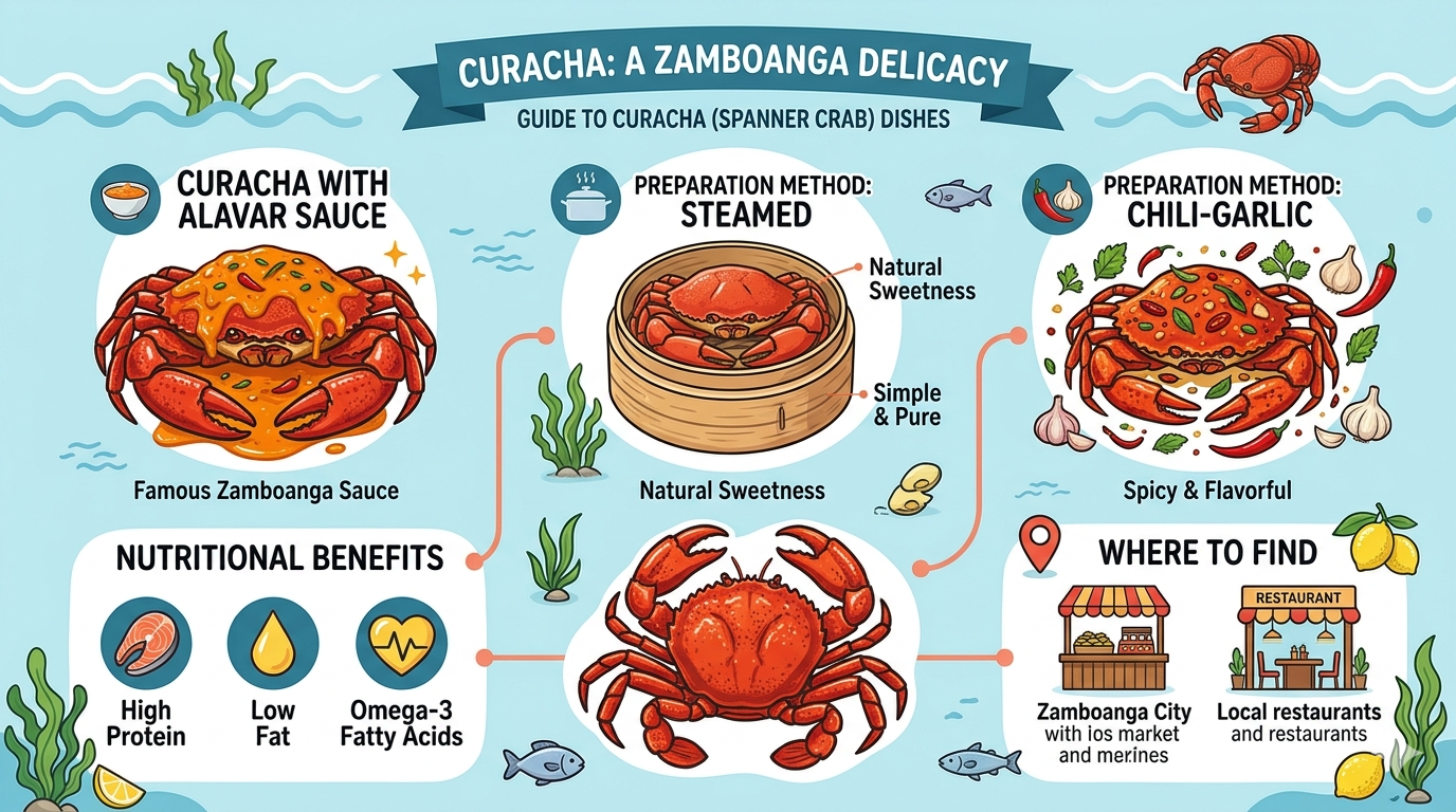 Infographic displaying curacha spanner crab illustrations with labeled sections showing common seafood dish preparations and cooking styles.
