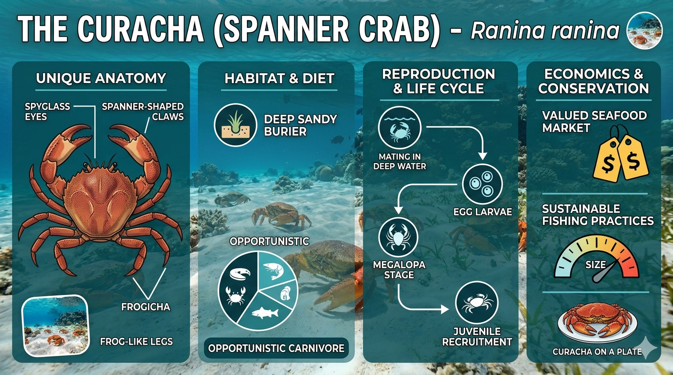 Illustrated infographic showing the spanner crab species Ranina ranina with labeled shell features, marine habitat, and culinary references.