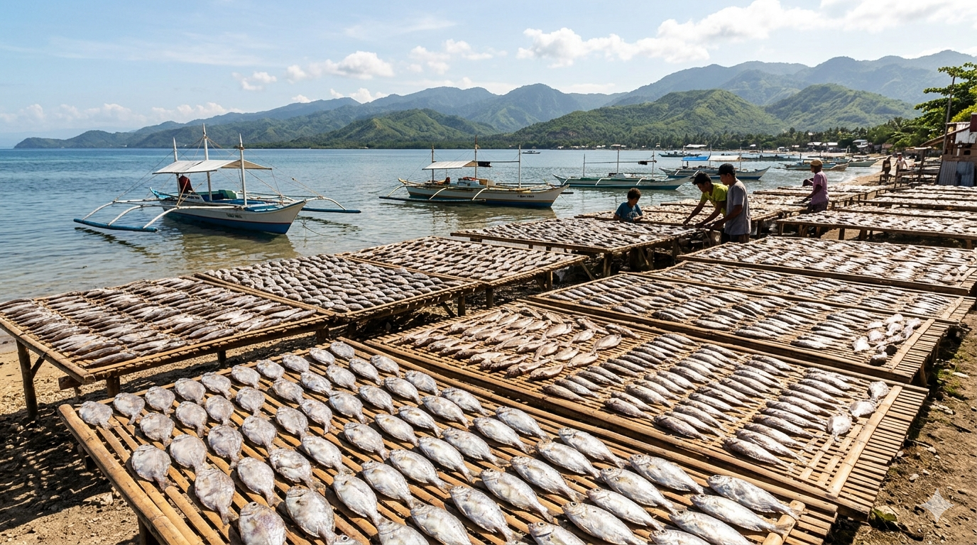 Plate of dried danggit with lemon slices and rice on a wooden table