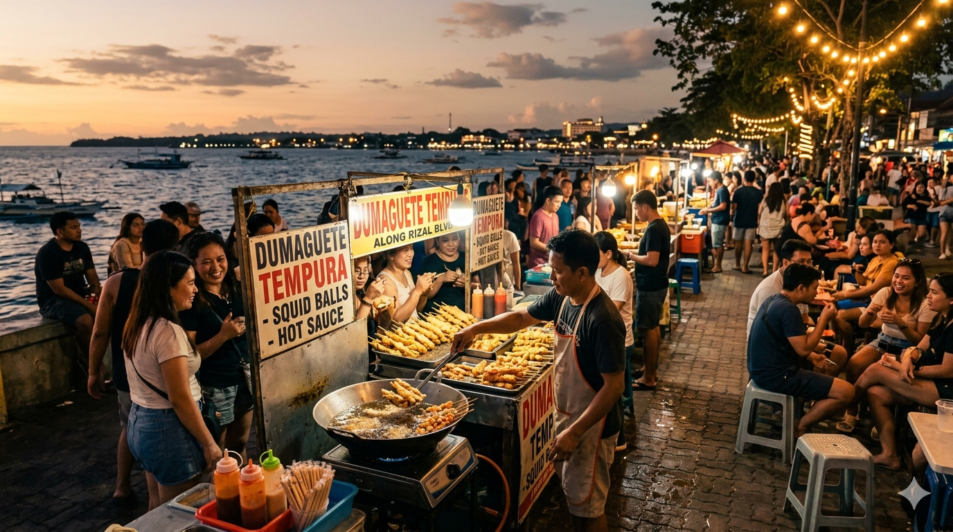 Assorted fried tempura snacks displayed at a street food stall in Dumaguete