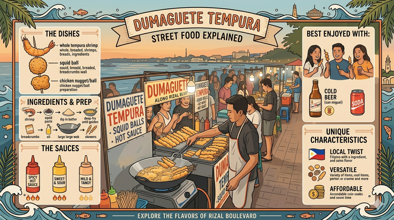 Infographic showing common tempura components and preparation context for street food