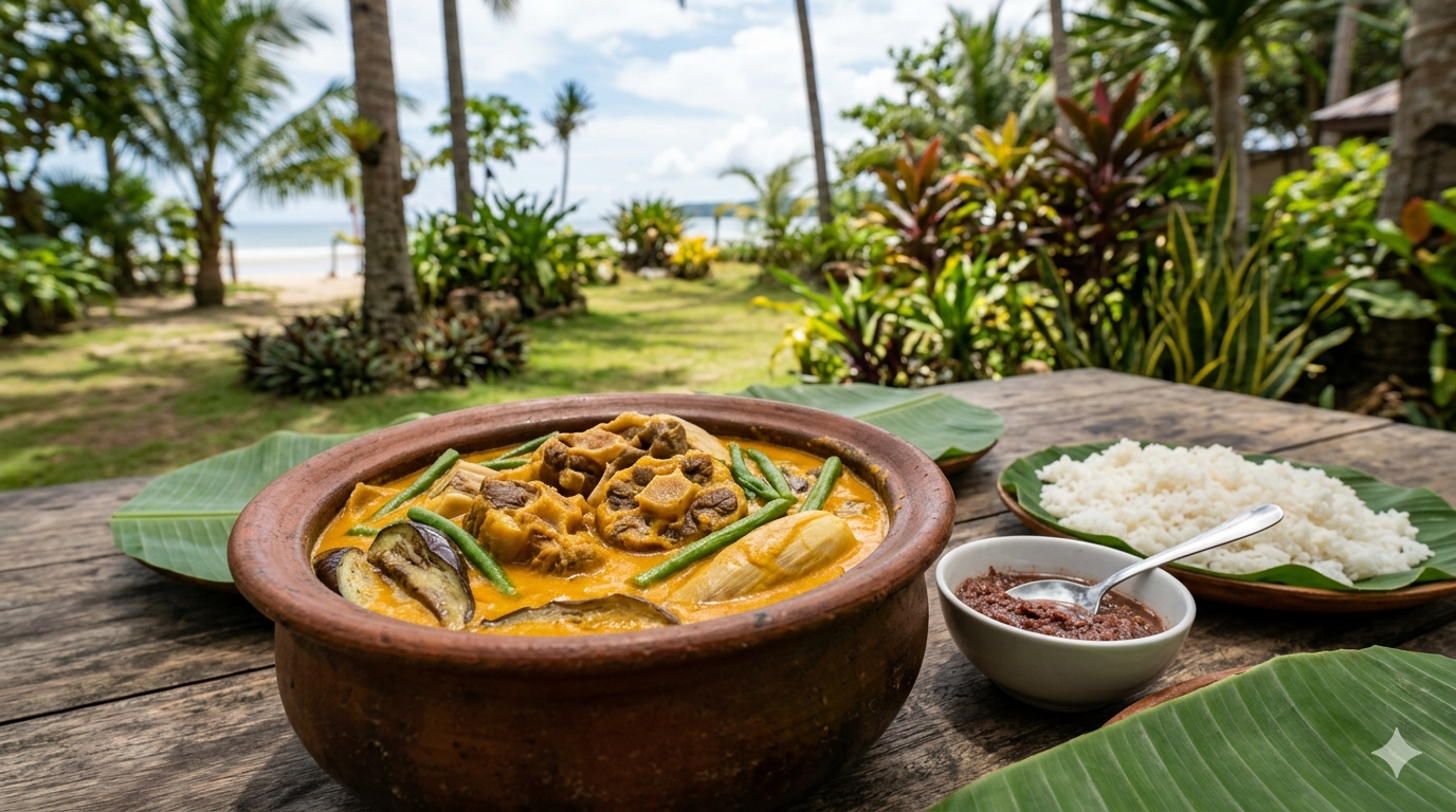 Top view of a Kare-Kare stew with vegetables and sauce
