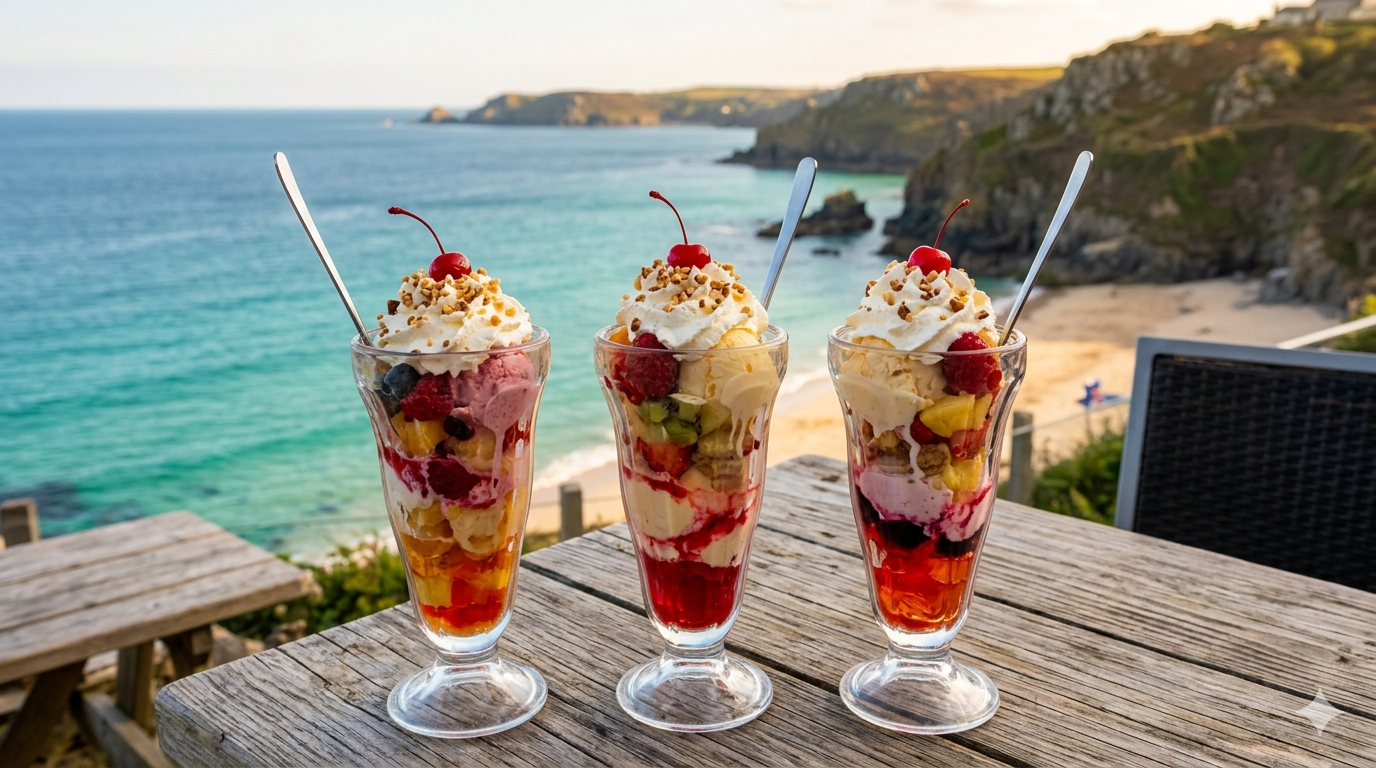 A layered Knickerbocker dessert showing fruits, cream, and jelly in a clear glass bowl.