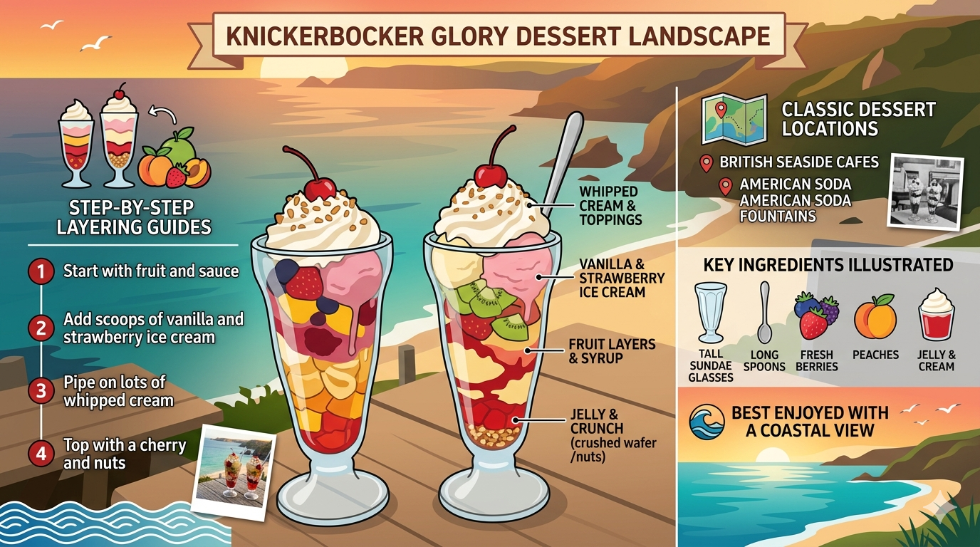 Infographic showing components of Knickerbocker dessert: fruits, cream, jelly, and optional sago.
