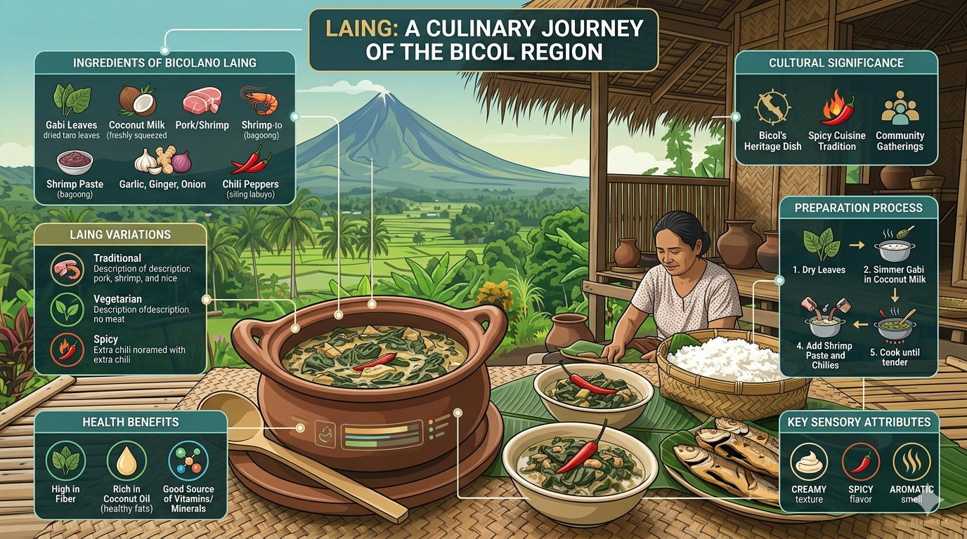 Infographic displaying Laing ingredients like taro leaves, coconut milk, and chili peppers.
