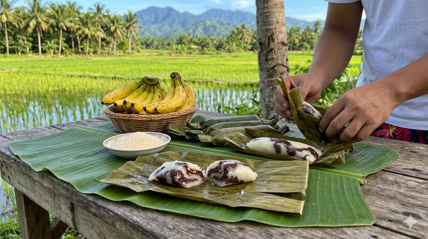 Rolled chocolate sticky rice snack on banana leaf plate, top view