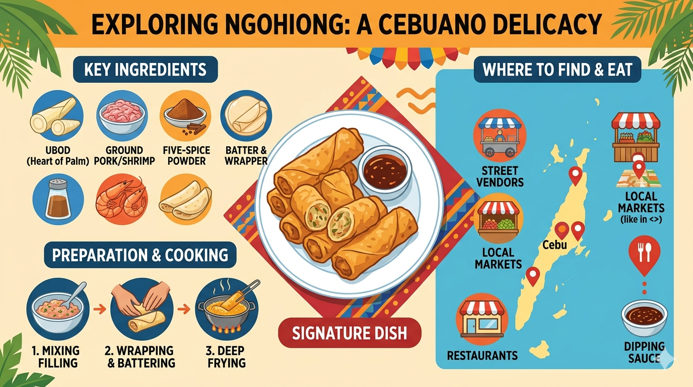Visual chart showing ngohiong ingredients and cooking steps in a neutral layout.