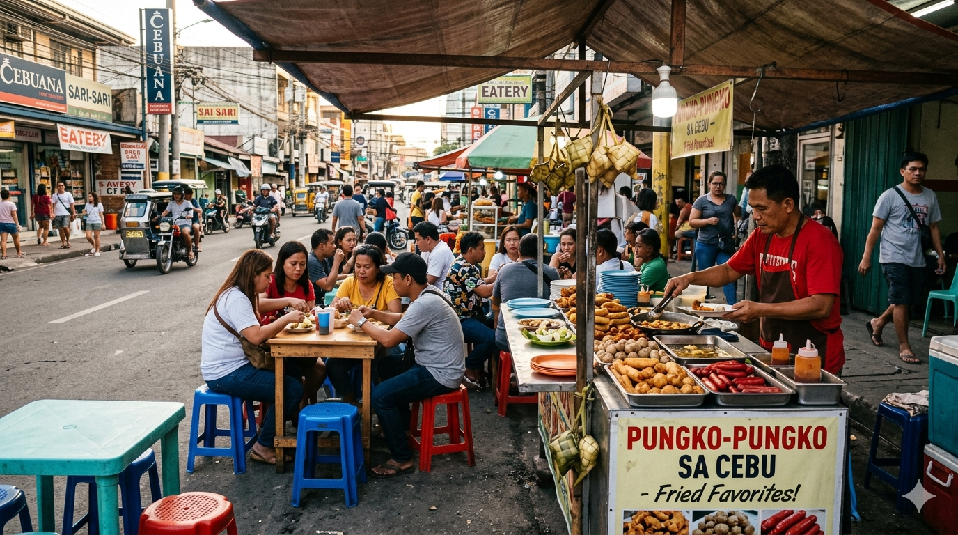 Sidewalk street food stall showing various fried and boiled pungko-pungko snacks