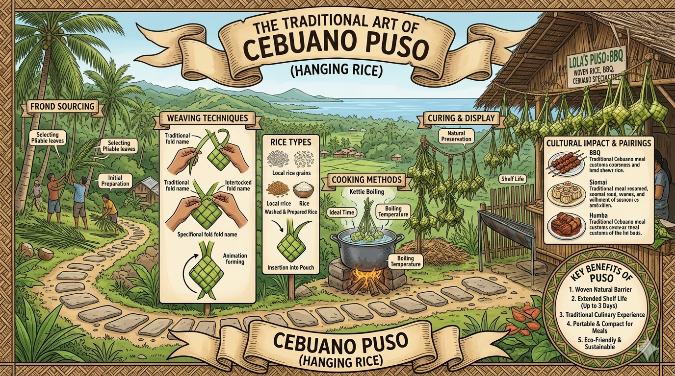 Step-by-step visual of making puso, rice in woven leaves.