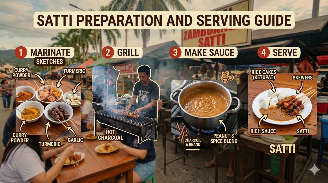 Illustration showing Satti skewers, sauce, and rice with labeled components.