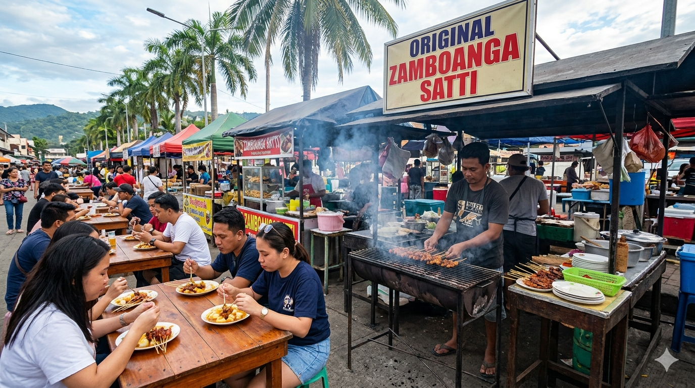 Photo of skewered grilled meat with rice served on a plate, traditional Filipino presentation.
