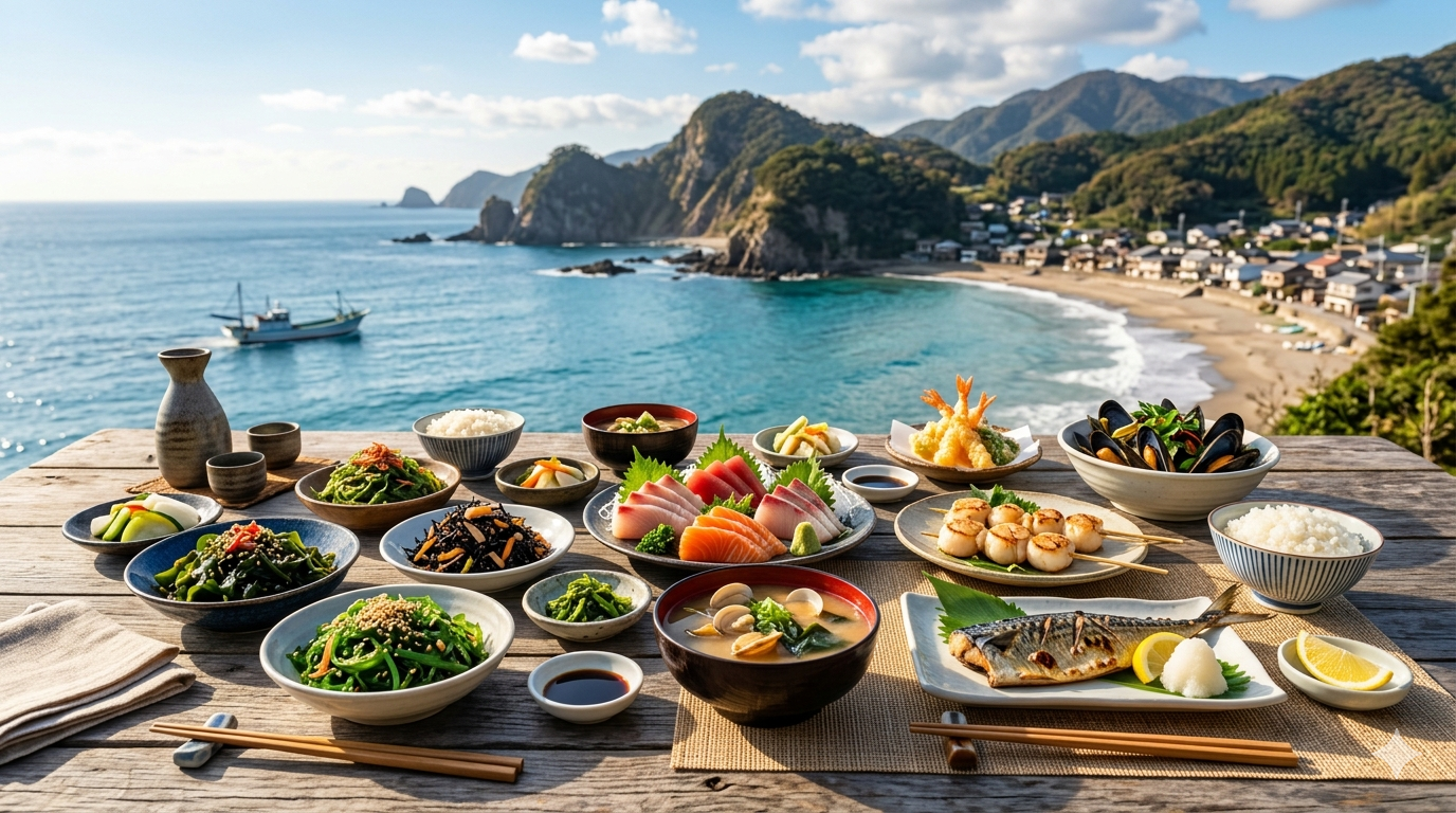 Assorted seaweed salad with seafood ingredients and vegetables on a table.